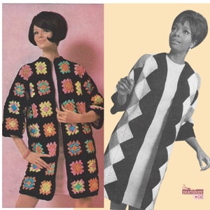 Puede incluir: Dos patrones de chaquetas de ganchillo vintage. Uno es negro con cuadrados florales coloridos, el otro es blanco y negro con un patrón geométrico. Ambas chaquetas tienen un diseño abierto y mangas tres cuartos.