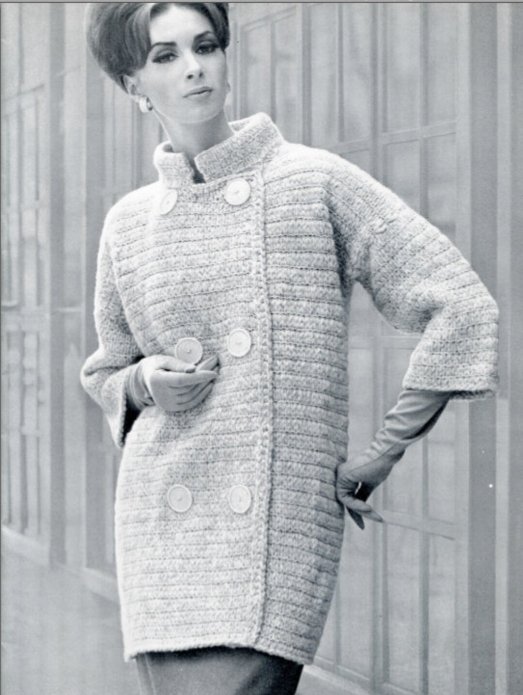 60s Chunky Knit Coat Pattern, Instant Download Pdf, Doublebreasted and