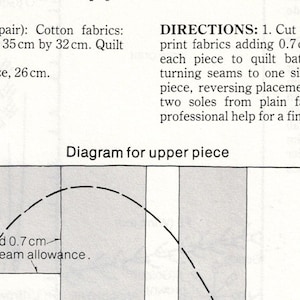 Peut inclure: Diagramme d'une pi&egrave;ce sup&eacute;rieure de pantoufle, avec des mesures en centim&egrave;tres. Le texte comprend les mat&eacute;riaux, la taille finie de 26 cm et les instructions de coupe et de couture.