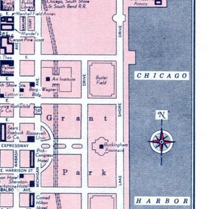 Carte vintage des années 60 Mod rose rétro Chicago Illinois City Street, téléchargement numérique instantané, Illustration d'art Mid-Century imprimable à la maison