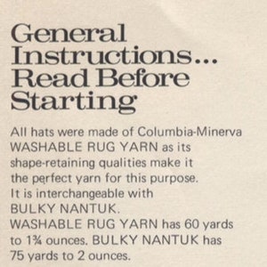Pu&ograve; includere: Pubblicit&agrave; vintage con il testo "Istruzioni generali... Leggere prima di iniziare". Descrive l'uso di Columbia-Minerva WASHABLE RUG YARN per la realizzazione di cappelli, evidenziando le sue qualit&agrave; di mantenimento della forma. Menziona anche il filato BULKY NANTUK.