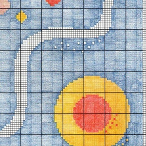 May include: A blue background with a white squiggly line, a yellow circle with a red circle inside, and a yellow square. The background is divided into a grid.