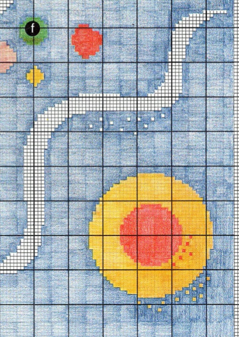 May include: A blue background with a white squiggly line, a yellow circle with a red circle inside, and a yellow square. The background is divided into a grid.