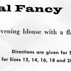 May include: A document titled Festival Fancy C-391, which describes a dainty evening blouse with a flattering neckline. The text states that directions are provided for size 10, with changes for sizes 12, 14, 16, 18, and 20 in parentheses.