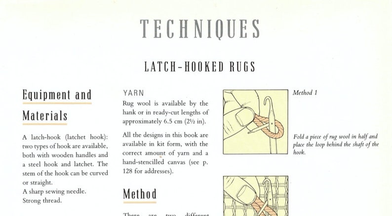 May include: A page from a book on latch-hooked rugs, showing a close-up of a hand holding a latch hook and yarn, with instructions on how to fold the yarn and place it behind the shaft of the hook. The text reads "Techniques, Latch-Hooked Rugs, Equipment and Materials, Yarn, Method 1, Fold a piece of rug wool in half and place the loop behind the shaft of the hook."