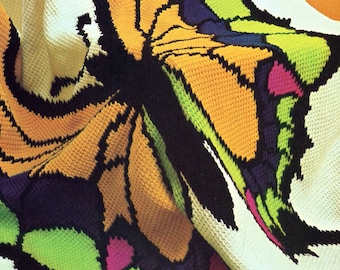 70s Butterfly Crochet Blanket Pattern pdf In Basic Afghan Tunisian Stitch, Instant Download for Funky Retro Vibes!