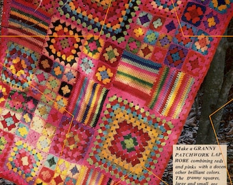 Vintage Granny Square Crochet Blanket Pattern, 70s Pink Sampler Afghan, Instant Digital Download pdf Ebook,  Retro Vibes Home Decor 42"x52"