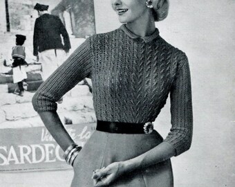 Pull Beige Au Crochet Col Claudine Vintage Fait Main - Taille L - Occasion Excellent état