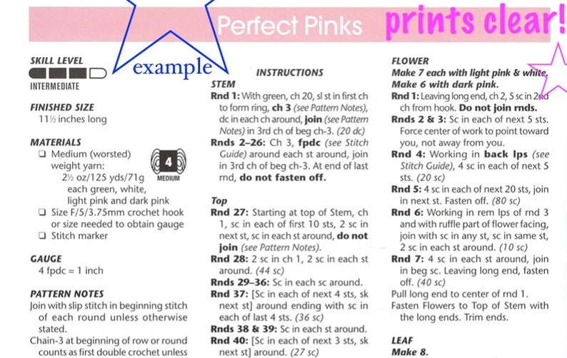 May include: Crochet pattern instructions for a flower and stem with a pink and white color scheme. The pattern includes detailed instructions for each round of the crochet project. The pattern is titled "Perfect Pinks prints clear!" and includes a gauge of 4 fpdc = 1 inch.