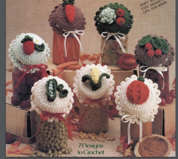 7 Jar Lid Covers Crochet Patterns, Ball Kerr 80s, Instant Download pdf eBook, Fruit Vegetables Canning Gifts