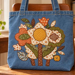 Pode incluir: Uma bolsa tote de ganga azul com um design de aplicação central de flores e folhas estilizadas. O padrão floral é composto por vários retalhos de tecido em tons de laranja, amarelo, verde, castanho e branco, com costuras visíveis.