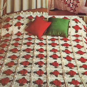 Vintage Rosebud Bedspread Crochet Pattern, Flower Granny Square Afghan Instant Digital Download pdf 50x62