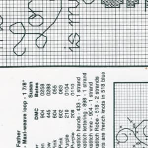 Peut inclure: Grille de point de croix pour un motif repr&eacute;sentant un c&oelig;ur, une vigne et un lettrage. Le tableau comprend les couleurs de fil DMC et les instructions de point. Le texte sur le tableau indique "Our Father 13" Maxi-weave loop - 1 7/8" Susan Bates".