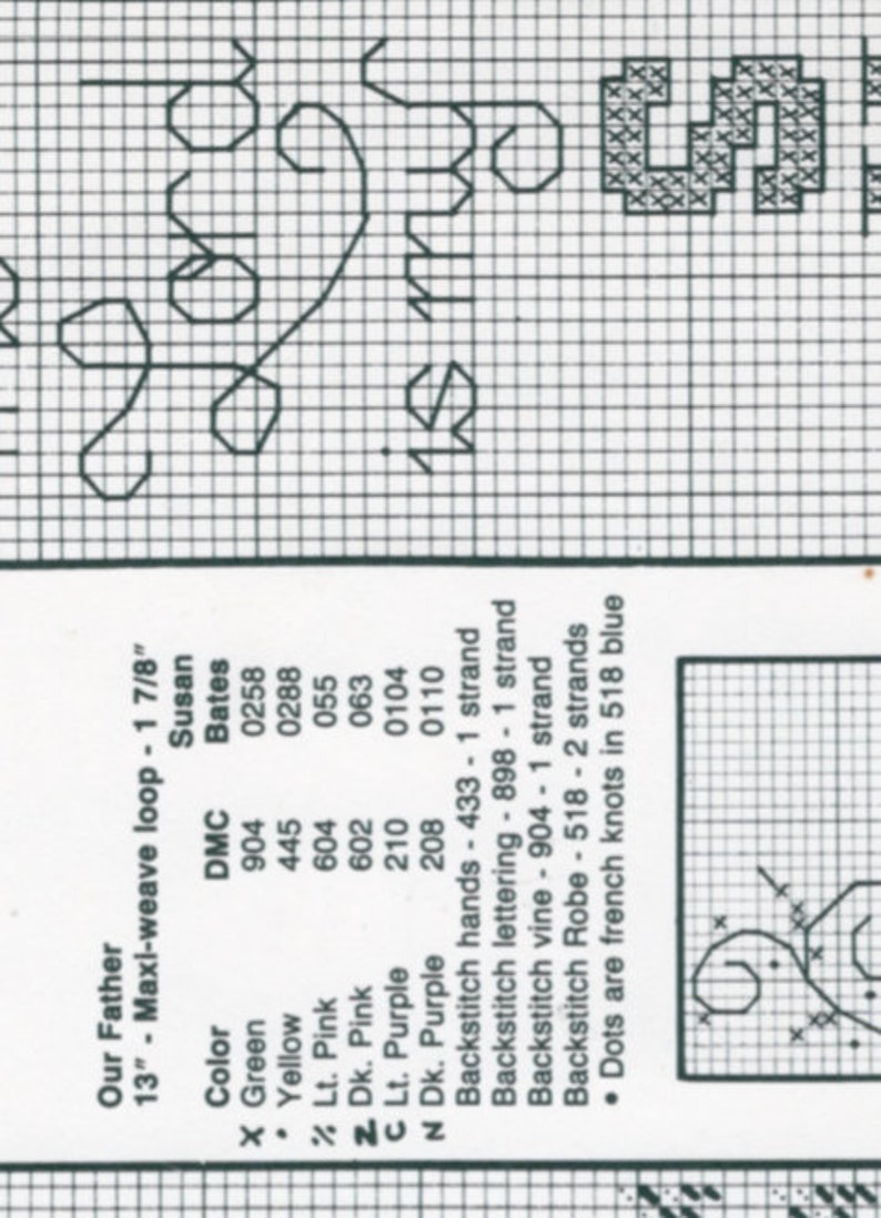 Peut inclure: Grille de point de croix pour un motif repr&eacute;sentant un c&oelig;ur, une vigne et un lettrage. Le tableau comprend les couleurs de fil DMC et les instructions de point. Le texte sur le tableau indique "Our Father 13" Maxi-weave loop - 1 7/8" Susan Bates".