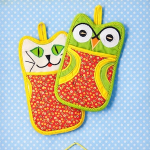 2 Vintage 60s,  Cat Face and Owl,  Hot Oven Mitts and Pot Holder Sewing Patterns pdf,  Instant Digital Download Retro Vibes!