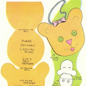 Puede incluir: Un patrón para una cartera de fieltro con forma de cabeza de oso. El patrón incluye instrucciones para cortar, doblar y coser las piezas de fieltro juntas. La cartera terminada tendrá un bolsillo y cierres de botón.