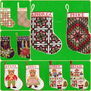 May include: Eight colourful Christmas stockings with embroidered designs and names. The stockings feature a variety of designs, including a snowman, a teddy bear, candles, and geometric patterns. The names on the stockings are Bob, Emily, Andrea, Mike, Amy, Stewart, Steve, Judy, Cindy, and Brian.