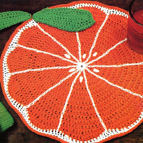 Delicious Crochet Orange Slice Placemat Pattern 1980s Hot Pad Table Setting Picnic PDF Instant Digital Download Speed Cro Sheen Yarn 15" Dia