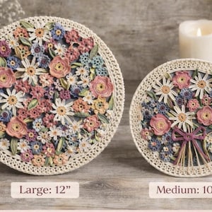 Two Mandala Crochet Patterns with Flowers in Full Bloom, Instant Download pdf, Round Wall Hanging Tapestry with Daisies Roses Poppies