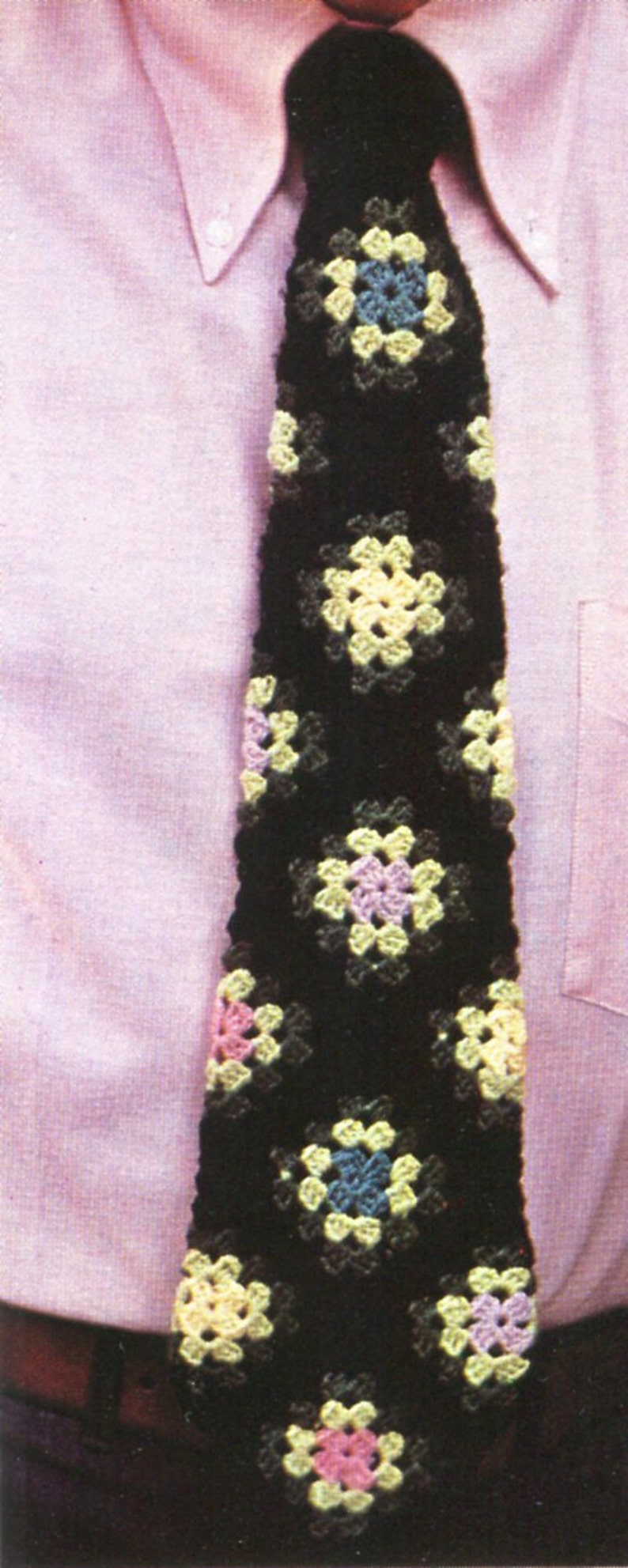 Groovy vintage colors pink, purple, and baby blue crocheted men's tie.