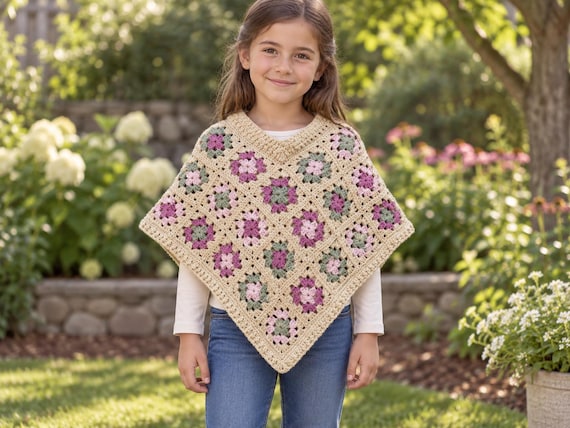 Classic Kids Granny Square Poncho Crochet Pattern, Instant Digital Download pdf, Girl Boy 70s Clothing, Vintage Vibes!