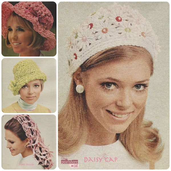 4 Rad 1960s Vintage Crochet Hat Patterns pdf Instant Digital Download, Daisy Cap Pink Snood Small Brimmed Hat and Summer Cap