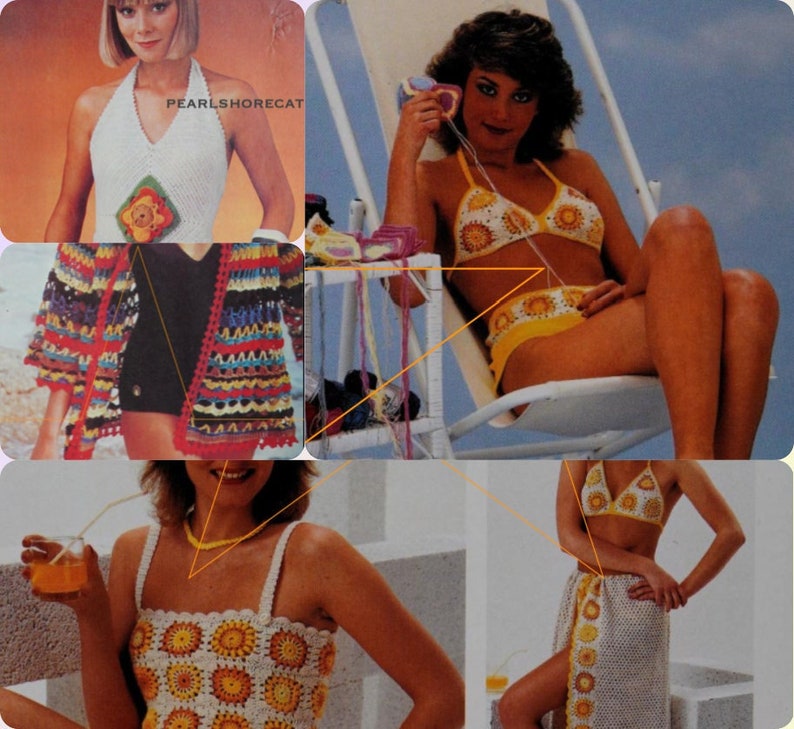 6 Vintage Granny Square Summer Crochet Patterns Bikini Top and Short Shorts, Halter Top and Bikini Coverup Instant Digital Download pdf image 1