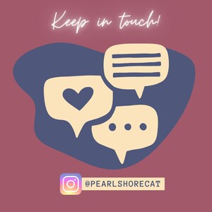 Peut inclure: Fond marron avec une forme bleu fonc&eacute; contenant trois bulles de dialogue beige clair. L'une a un c&oelig;ur, une autre des lignes et la derni&egrave;re des points. Le texte "Keep in touch!" est au-dessus des bulles et le logo Instagram avec "@PEARLSHORECAT" est en dessous.