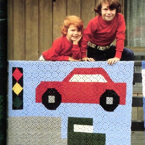 Child's Afghan Granny Square Motif 1970s Crochet Blanket Pattern, 44x66 Car Truck Fire Engine Hot Wheels Boy Girl Decor image 1