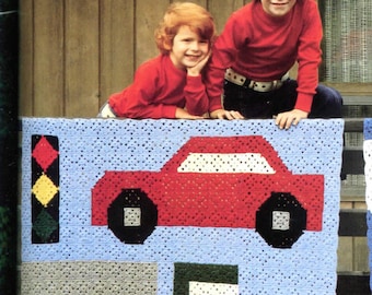 Child's Afghan Granny Square Motif 1970s Crochet Blanket Pattern, 44x66 Car Truck Fire Engine Hot Wheels Boy Girl Decor