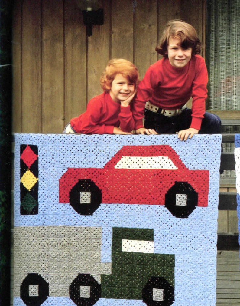 Child's Afghan Granny Square Motif 1970s Crochet Blanket Pattern, 44x66 Car Truck Fire Engine Hot Wheels Boy Girl Decor image 1