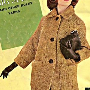 50s Chunky Knit Coat Pattern pdf Instant Download, Retro Long Winter Jacket Knitting Pattern, 34&quot;, 36&quot;, 38&quot; Bust