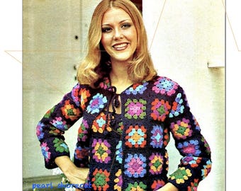 1970s Vintage Granny Square Sweater Set Crochet Pattern Retro Motif, Instant Digital Download pdf, Cardigan Jacket With Matching Tank Top