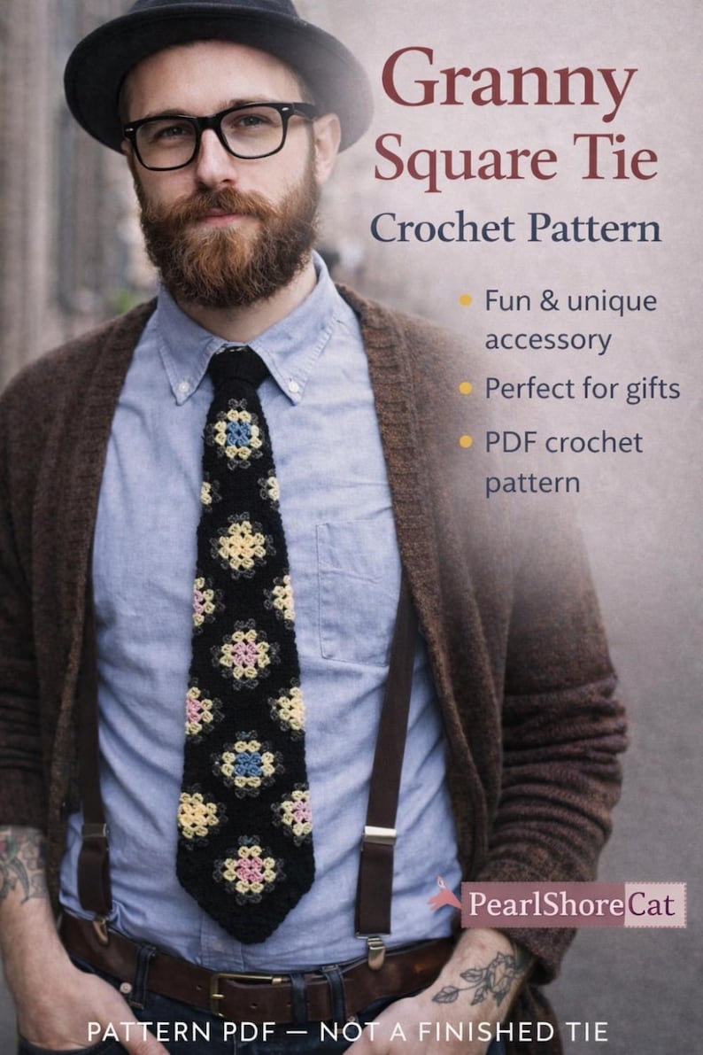 Men's Granny Square Necktie Pattern Vintage 1970s Motif, Instant Digital Download pdf, Business Casual & Groovy Grandpa image 7