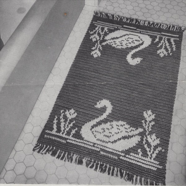 Vintage Swan Rug Crochet Pattern pdf MCM Bathroom Decor Retro Bath Mat 24x40 Cotton Rug Yarn, Instant Digital Download