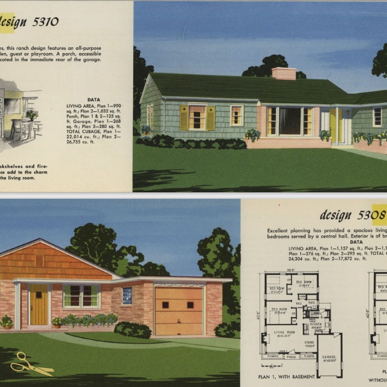 Pu&ograve; includere: Due illustrazioni di case in stile ranch con planimetrie e dati sulla superficie e il volume. La prima casa &egrave; di colore azzurro chiaro con un tetto verde e la seconda casa &egrave; in mattoni con un tetto marrone. Entrambe le case hanno un garage.