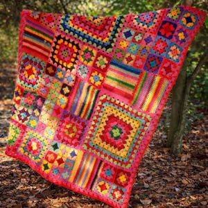 Vintage Granny Square Crochet Blanket Pattern, 70s Pink Sampler Afghan, Instant Digital Download pdf Ebook,  Retro Vibes Home Decor 42"x52"