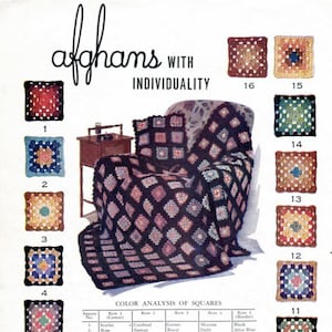 Patrón de manta de crochet cuadrada de la abuela con 16 tablas de colores, afgana vintage fácil, descarga digital instantánea en PDF, estilo retro icónico, 52 x 76