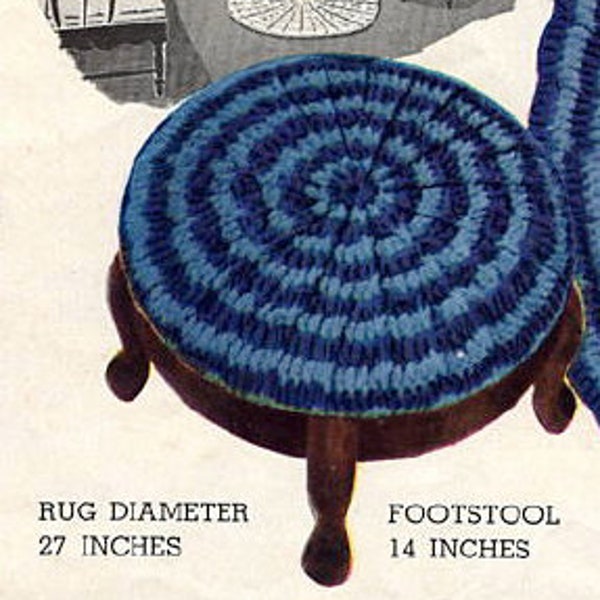 2 Classic Round Rag Rug and Ottoman Patterns, Instant Digital Download pdf eBook, 1940s Bathroom Decor