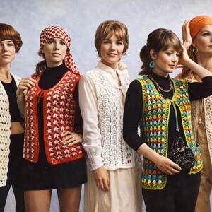 May include: Five people modelling vintage crochet vests. The vests are in cream, red and white, white, multicoloured, and peach. The models are wearing black, cream, and tan clothing, and headscarves. The image has a retro aesthetic.