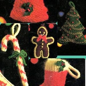 5 Knitted Christmas Ornament Patterns, Tree Candy Cane Holiday Bell Stocking Gingerbread, Instant Digital Download pdf eBook, Holiday Decor