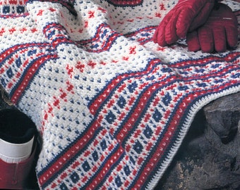 Ski Bunny Fair Isle Crochet Blanket Pattern, Winter Warm Afghan Thick Throw, Instant Digital Download Ebook pdf, 43x58, So Retro!