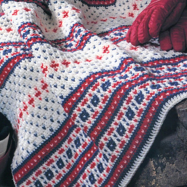 Ski Bunny Fair Isle Crochet Blanket Pattern, Winter Warm Afghan Thick Throw, Instant Digital Download Ebook pdf, 43x58, So Retro!
