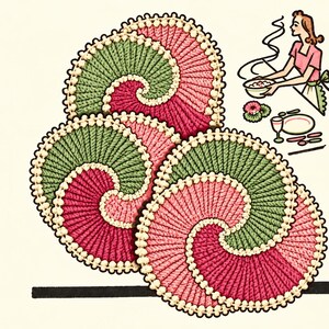 May include: Three circular crochet hot pads featuring a spiral pattern in alternating segments of sage green, light pink, and dark pink yarn. Each piece is finished with a cream-colored scalloped border. An illustration of a person cooking is included.
