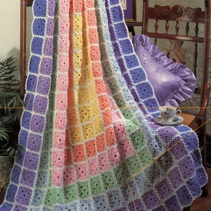 Patrón de crochet para manta cuadrada de abuela con arcoíris pastel, decoración vintage de habitación de bebé de los años 70, afgana grande de 45 x 75, descarga digital instantánea en PDF.