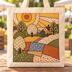 May include: A cream-colored canvas tote bag featuring a square fabric appliqué with a quilted landscape scene. The design displays a bright yellow sun, green trees, small houses, and rolling fields crafted from various patterned and colored fabrics.