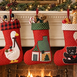 3 Vintage Christmas Stocking Sewing Pattern PDF, Goose, Teddy Bear & Cottage Applique
