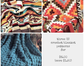 3 Southwestern Crochet Blanket Patterns pdf Instant Digital Download, Fun Retro Vibes; Earthy and Bold Motifs