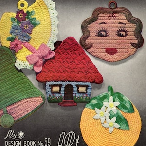 16 Vintage 1950s Potholders and Oven Mitts Crochet Patterns, Instant Digital Download pdf, Winking Cats, Butterfly, Owl, Dog , House, Bells