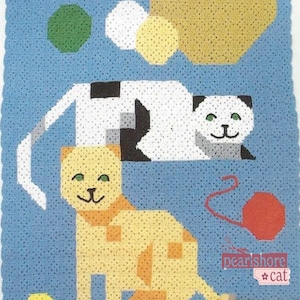 Puede incluir: Un diseño colorido con temática de gatos, pixelado, sobre un fondo azul. La imagen presenta dos gatos, uno amarillo y otro blanco y negro, junto con formas geométricas y una bola de lana. También se ve el texto "pearlshore cat".